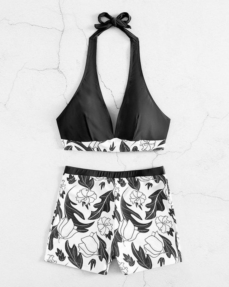 Bikini typu halter z kwiatowym nadrukiem
