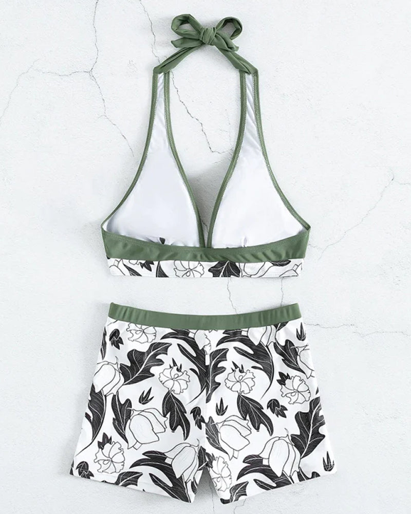 Bikini typu halter z kwiatowym nadrukiem