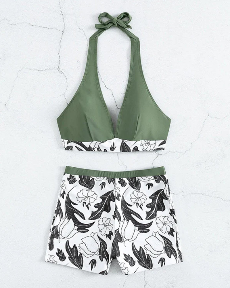 Bikini typu halter z kwiatowym nadrukiem