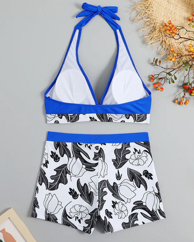 Bikini typu halter z kwiatowym nadrukiem