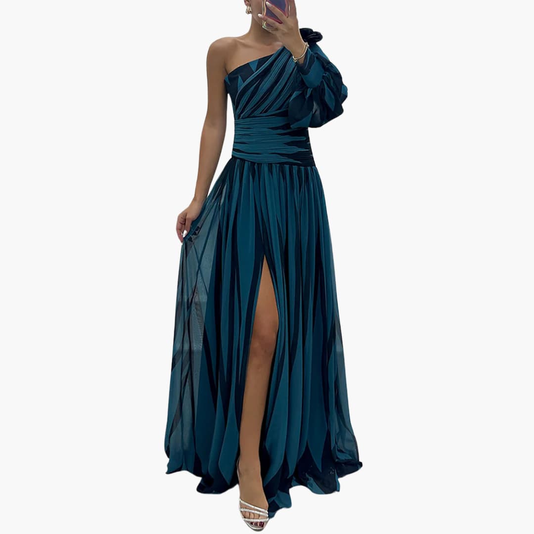 Carla – Elegancka Maxikleid z Jednym Ramiączkiem i Wzorem w Paski