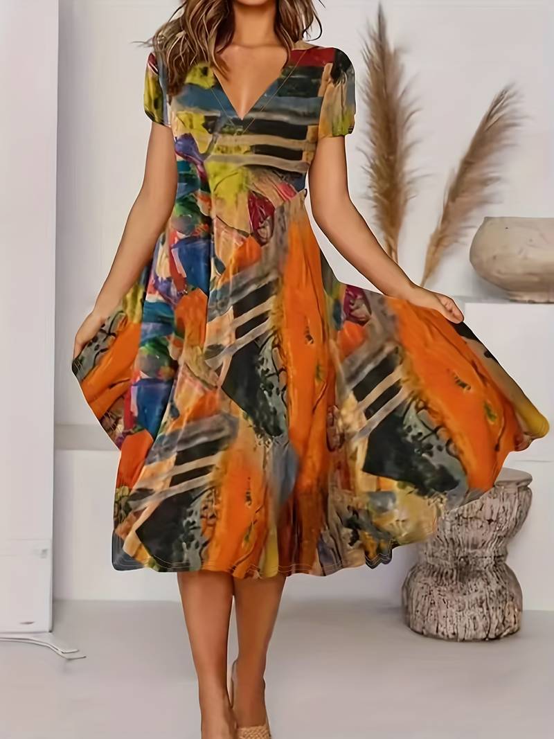 Abiyah - Boho casual sukienka z krótkim rękawem