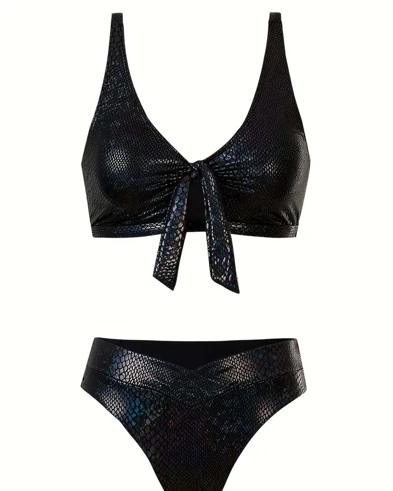 Bikini z nadrukiem węża i wiązaniem na klatce piersiowej, wysokim stanem i trójkątem