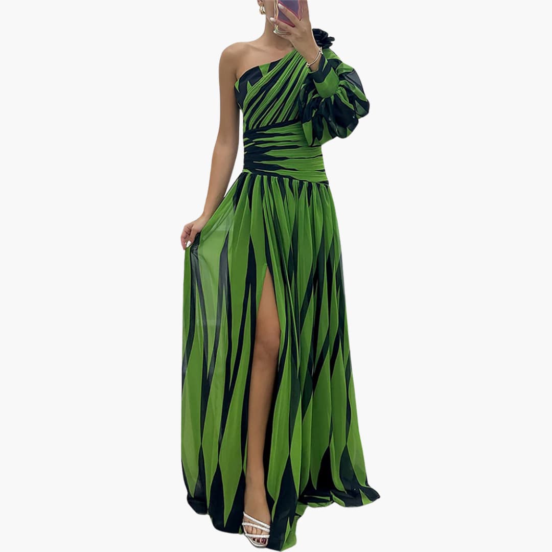 Carla – Elegancka Maxikleid z Jednym Ramiączkiem i Wzorem w Paski