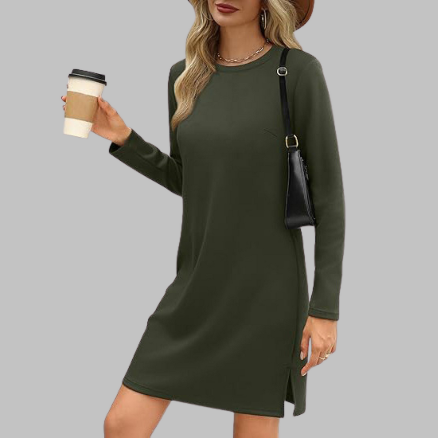 Tiana - Casual Sukienka Mini z Długim Rękawem i Okrągłym Dekoltem