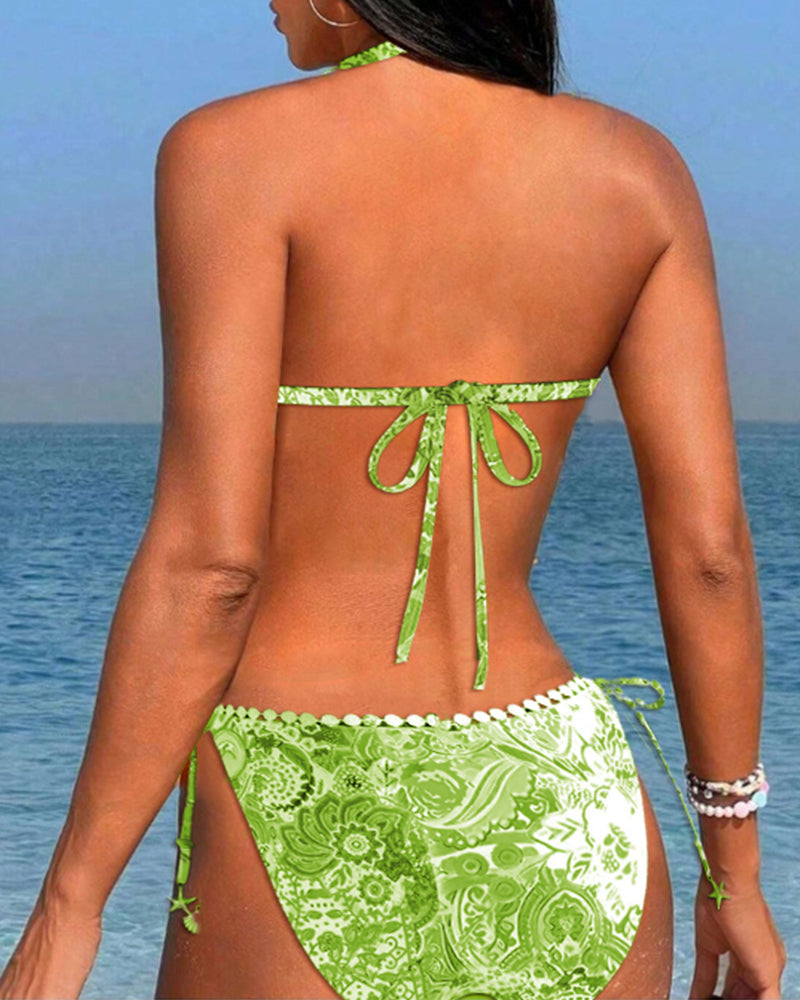 Kolorowe, drukowane, koronkowe bikini z wiązaniem na szyi