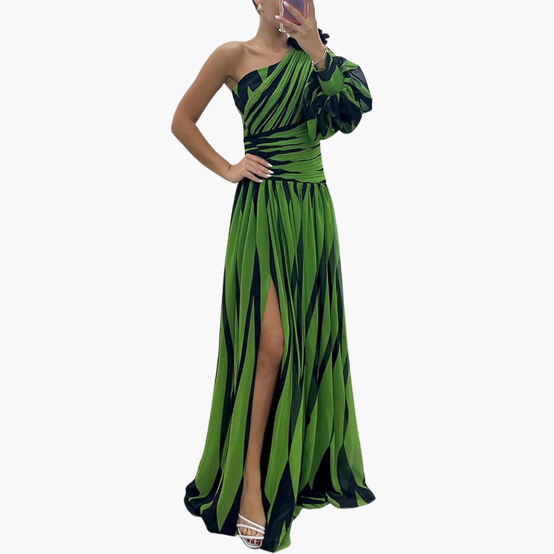Carla – Elegancka Maxikleid z Jednym Ramiączkiem i Wzorem w Paski