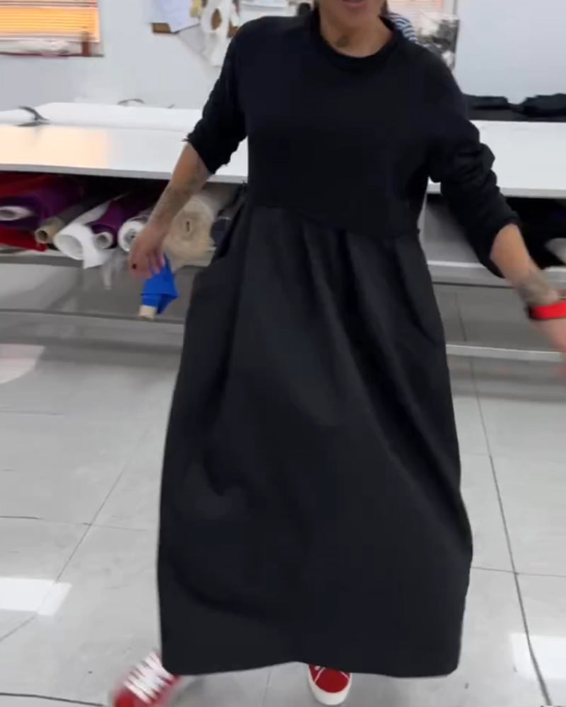 Casual długa czarna sukienka w kształcie litery A
