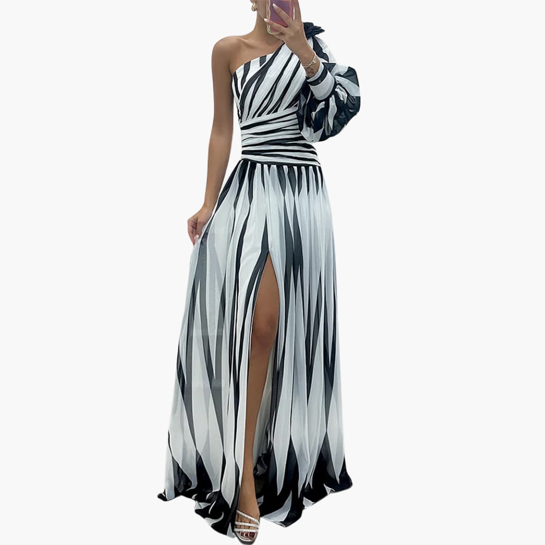 Carla – Elegancka Maxikleid z Jednym Ramiączkiem i Wzorem w Paski