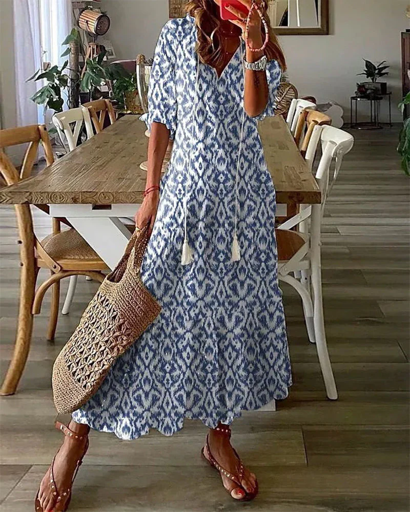 Maxi Sukienka Damska – Boho Print z Detalem Sznurka