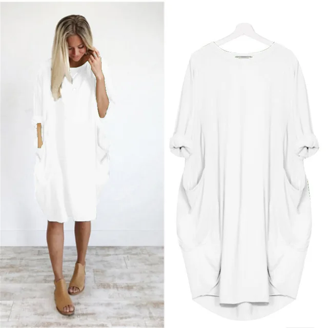 Długa oversize'owa sukienka T-shirt z kieszeniami – Casualowa sukienka damska z podwiniętymi rękawami