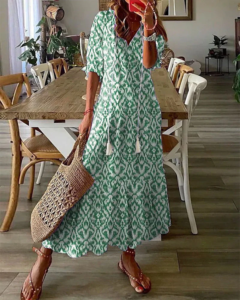 Maxi Sukienka Damska – Boho Print z Detalem Sznurka