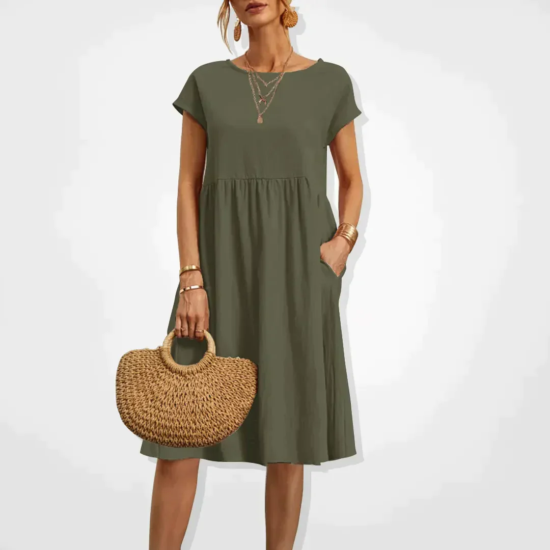 Bawełnowa midi sukienka – Casual design z krótkimi rękawami i kieszeniami