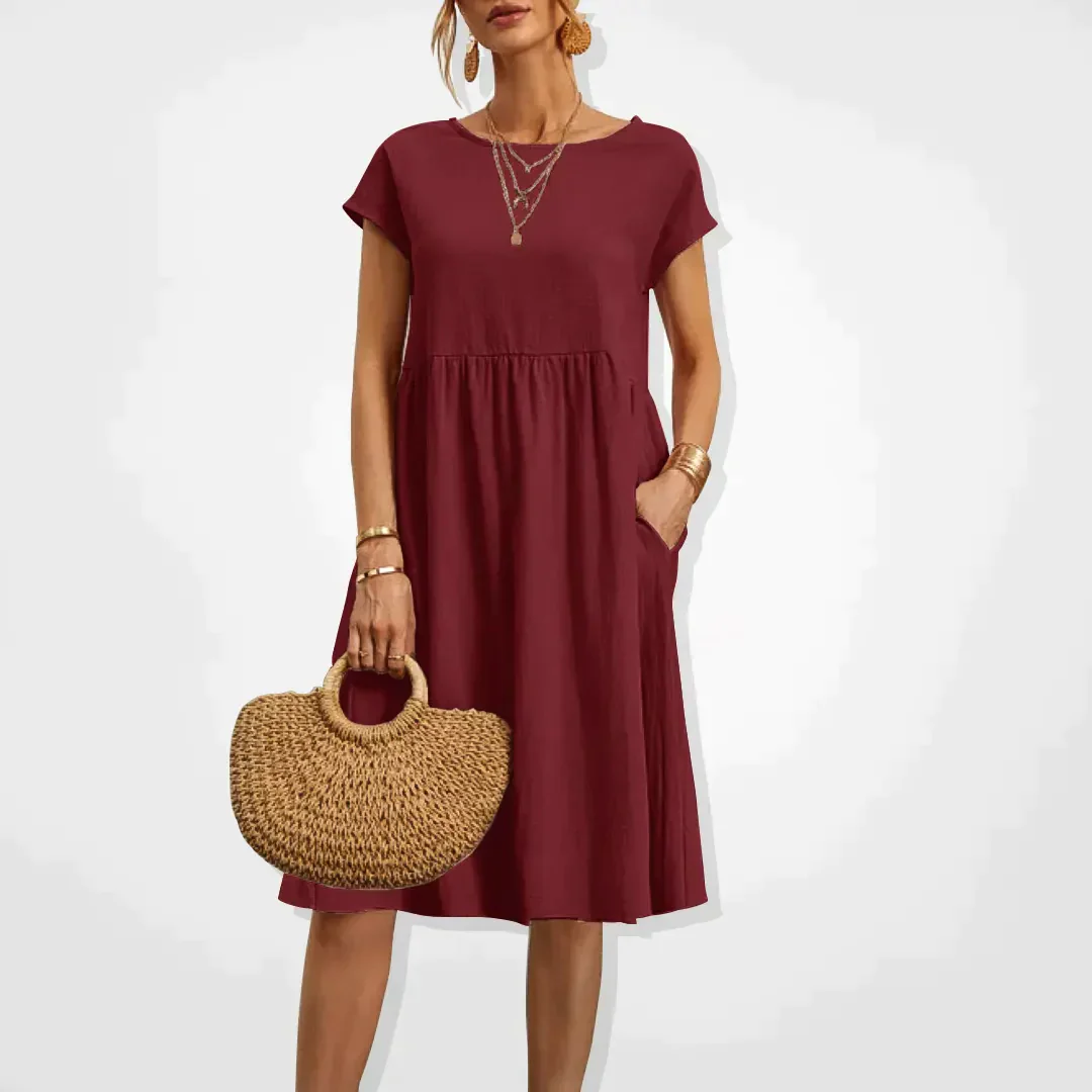 Bawełnowa midi sukienka – Casual design z krótkimi rękawami i kieszeniami