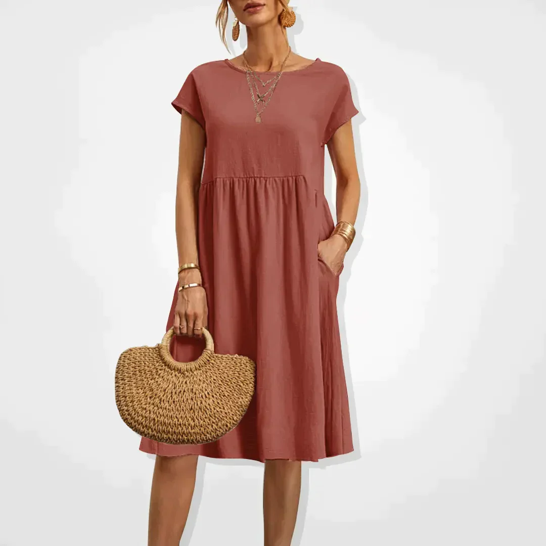 Bawełnowa midi sukienka – Casual design z krótkimi rękawami i kieszeniami