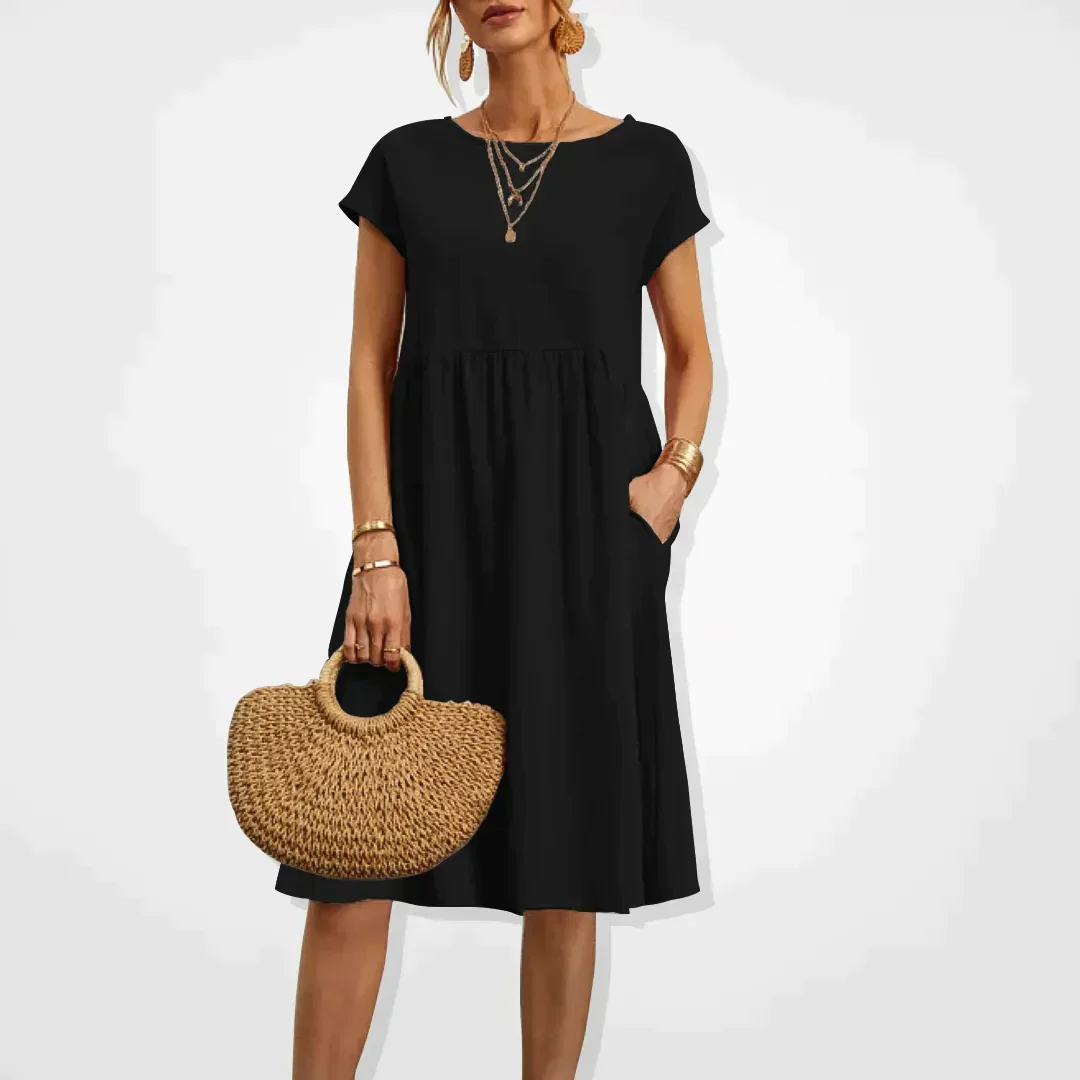 Bawełnowa midi sukienka – Casual design z krótkimi rękawami i kieszeniami
