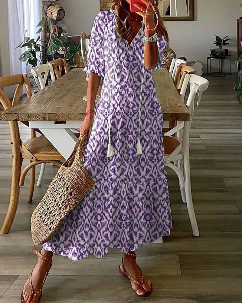 Maxi Sukienka Damska – Boho Print z Detalem Sznurka
