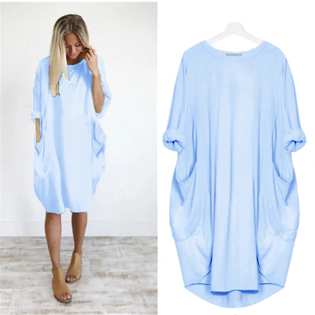 Długa oversize'owa sukienka T-shirt z kieszeniami – Casualowa sukienka damska z podwiniętymi rękawami