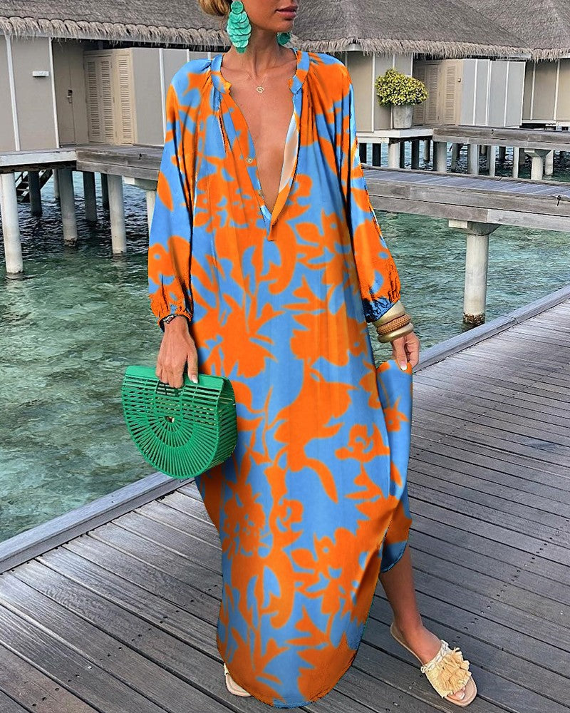Ariëlle | Elegancka Maxi Sukienka z Retro Wzorem i Dekoltem w Kształcie V dla Pań