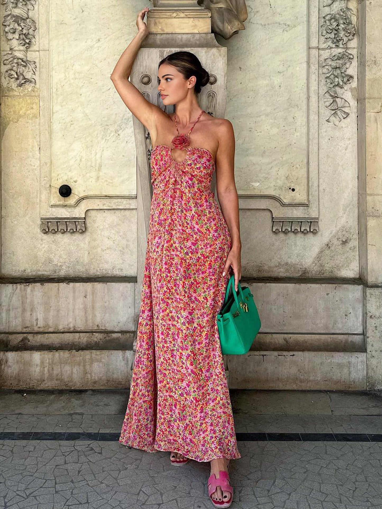 Emine - Boho Kwiatowy Wzór Rozet Dekor Halter Długa Sukienka