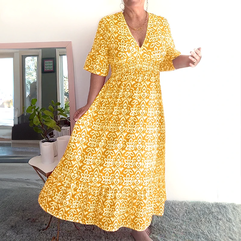 Tamara Boho Casual Print V-Neck Waist Wrap Długa Sukienka