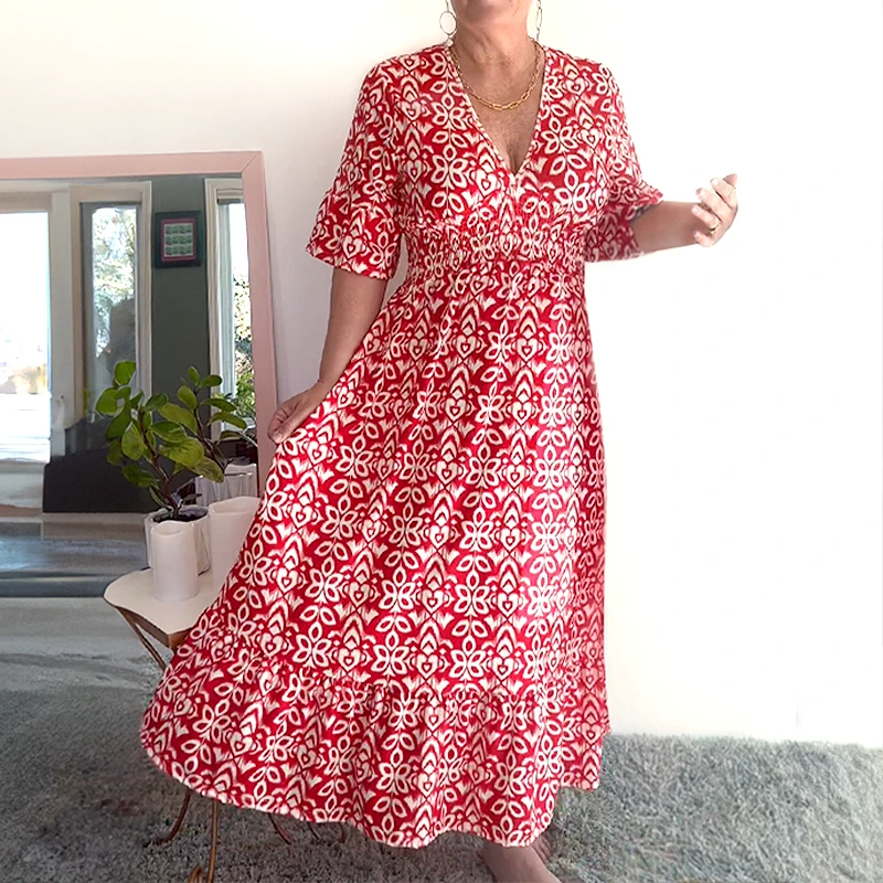 Tamara Boho Casual Print V-Neck Waist Wrap Długa Sukienka