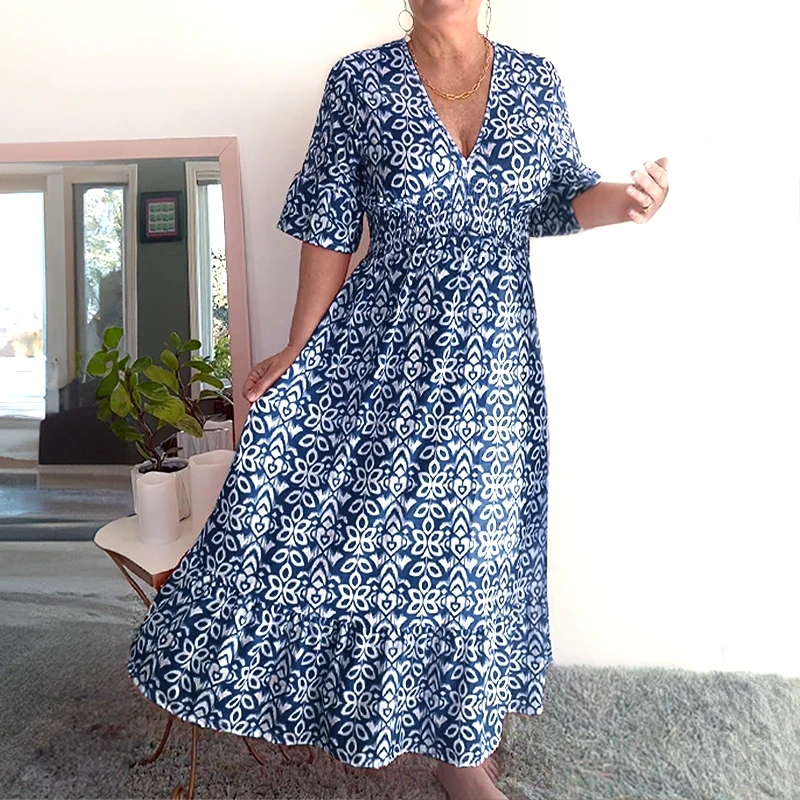 Tamara Boho Casual Print V-Neck Waist Wrap Długa Sukienka