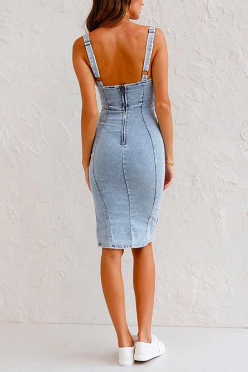Dżinsowa sukienka bodycon – Bez rękawów z rozcięciem i wyglądem gorsetu
