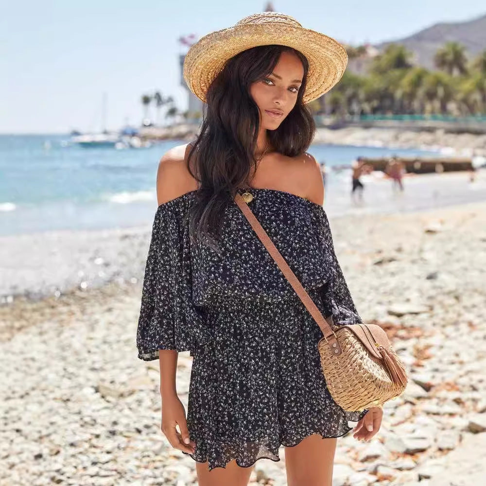 Sukienka damska – mini off-shoulder z ruchomymi rękawami