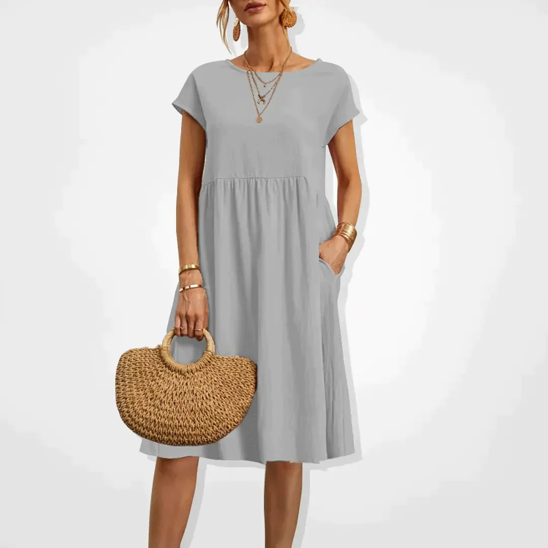 Bawełnowa midi sukienka – Casual design z krótkimi rękawami i kieszeniami