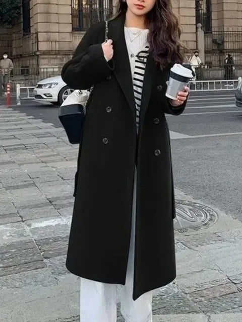 Wełniany płaszcz damski z dwurzędowym zapięciem - Elegancki długi płaszcz zimowy