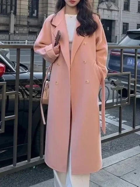 Wełniany płaszcz damski z dwurzędowym zapięciem - Elegancki długi płaszcz zimowy