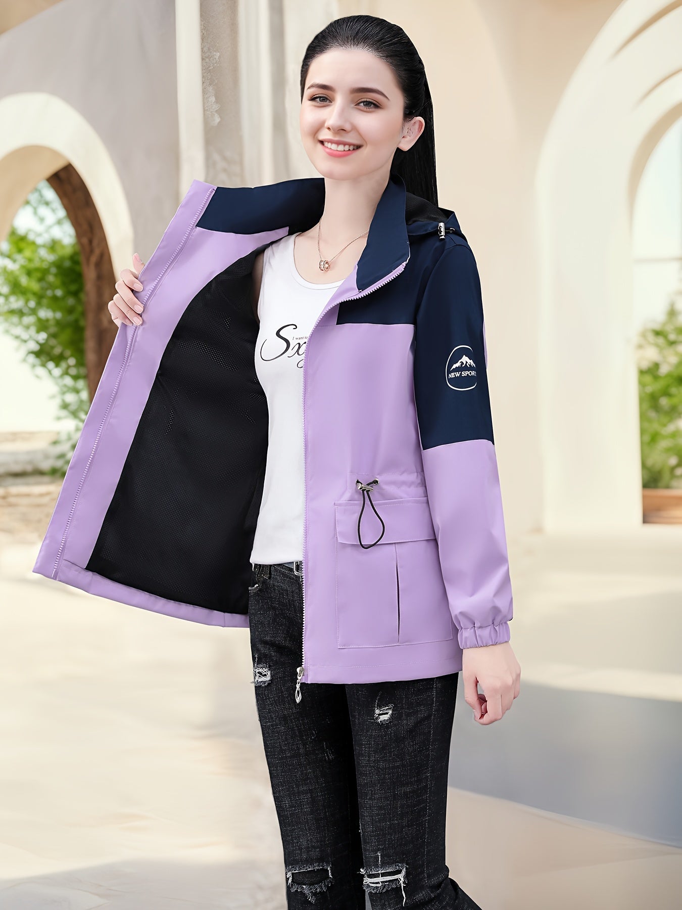 Femke | Damska casual wodoodporna kurtka outdoor z kapturem i designem w kolorowe bloki