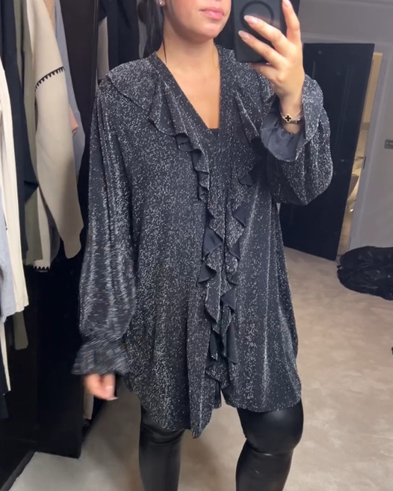 Casual top z brokatem i dekoltem w serek