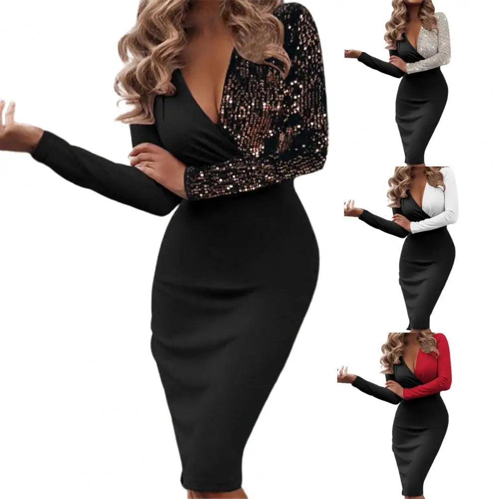 Elegancka sukienka z cekinami z długim rękawem – Dopasowana i Glamour