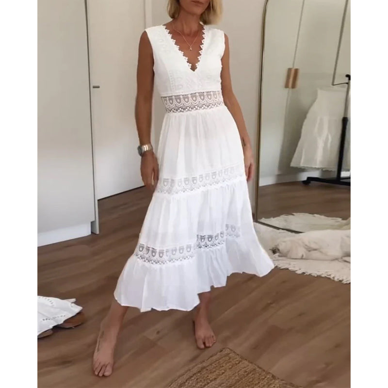 Ninfea | Bezrękawnikowa Sukienka Midi w Stylu Boho z Koronkowymi Detalami