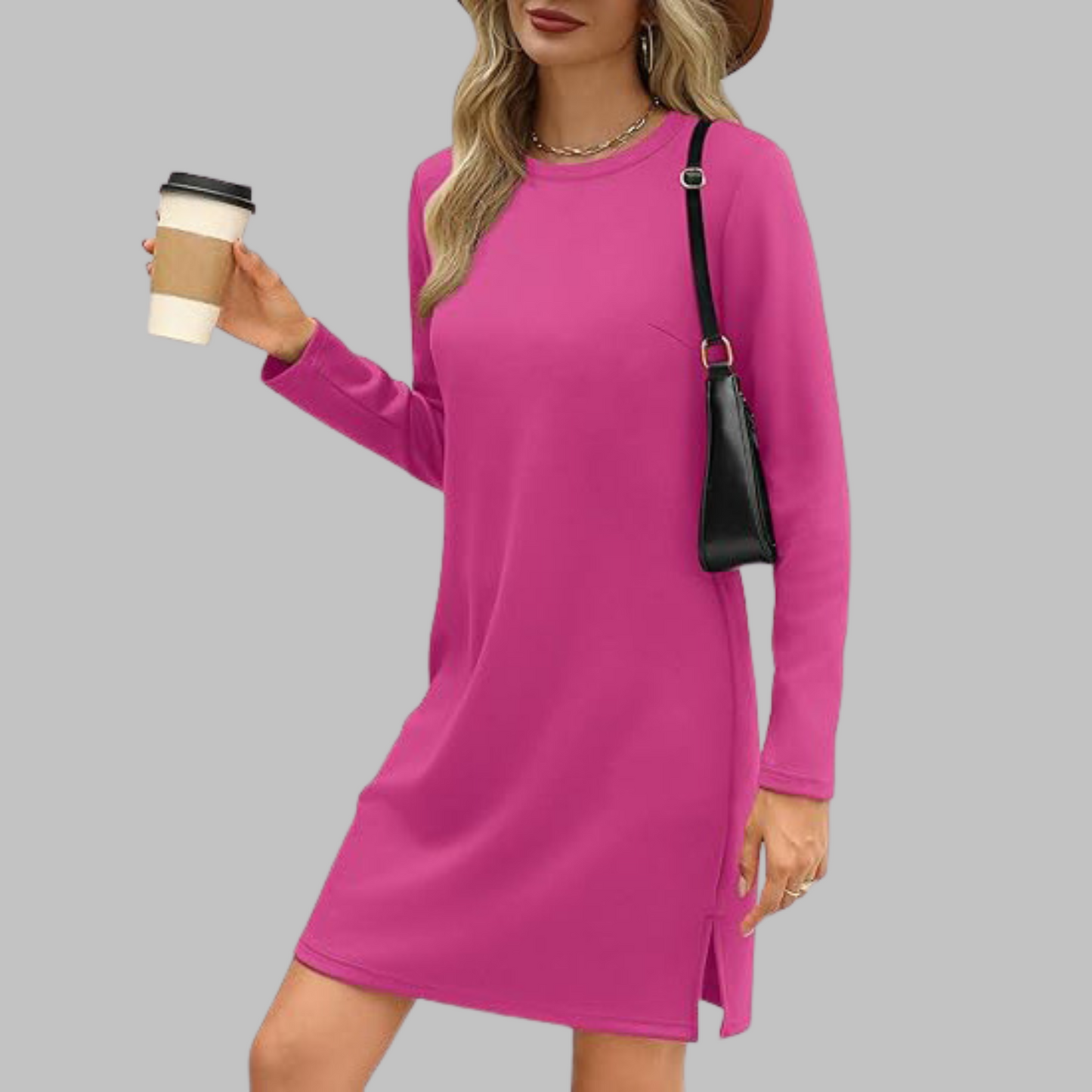Tiana - Casual Sukienka Mini z Długim Rękawem i Okrągłym Dekoltem