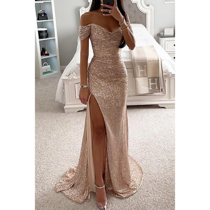 Sukienka Maxi Off Shoulder – Cekiny & Wysoki Rozcięcie