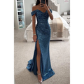 Sukienka Maxi Off Shoulder – Cekiny & Wysoki Rozcięcie