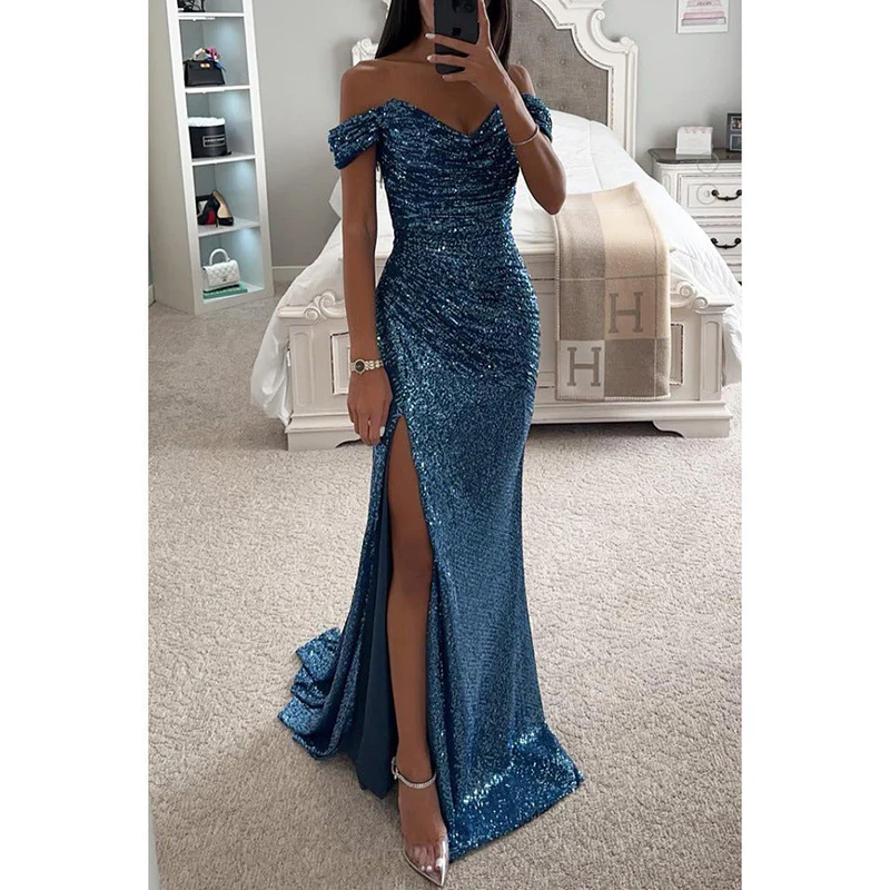 Sukienka Maxi Off Shoulder – Cekiny & Wysoki Rozcięcie