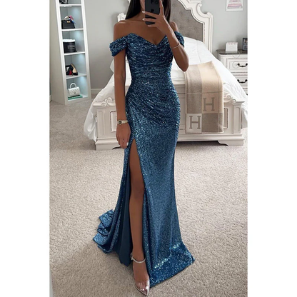 Sukienka Maxi Off Shoulder – Cekiny & Wysoki Rozcięcie