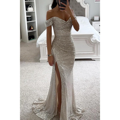 Sukienka Maxi Off Shoulder – Cekiny & Wysoki Rozcięcie