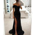 Sukienka Maxi Off Shoulder – Cekiny & Wysoki Rozcięcie