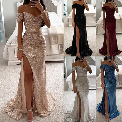 Sukienka Maxi Off Shoulder – Cekiny & Wysoki Rozcięcie