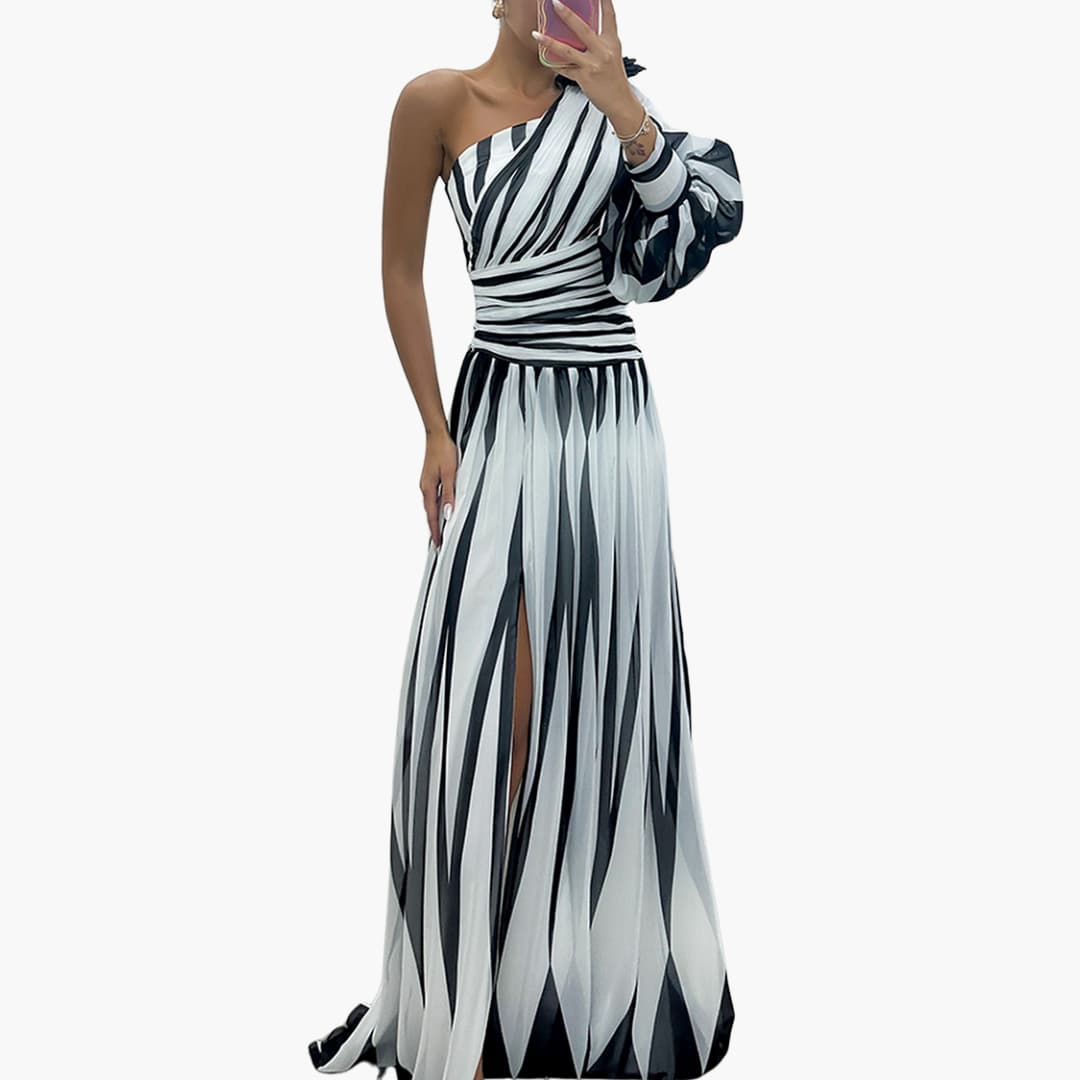 Carla – Elegancka Maxikleid z Jednym Ramiączkiem i Wzorem w Paski