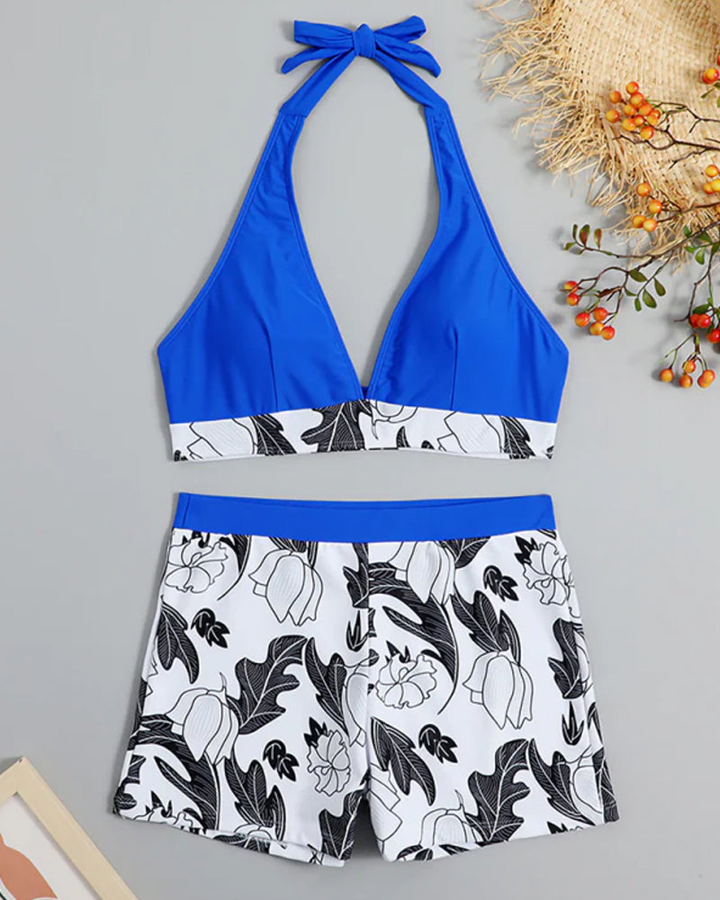 Bikini typu halter z kwiatowym nadrukiem