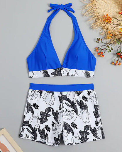 Bikini typu halter z kwiatowym nadrukiem