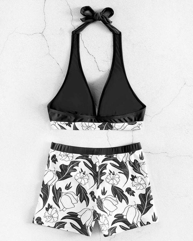 Bikini typu halter z kwiatowym nadrukiem