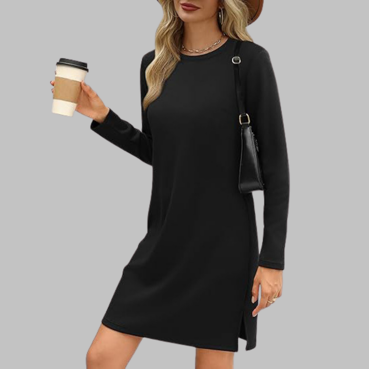 Tiana - Casual Sukienka Mini z Długim Rękawem i Okrągłym Dekoltem