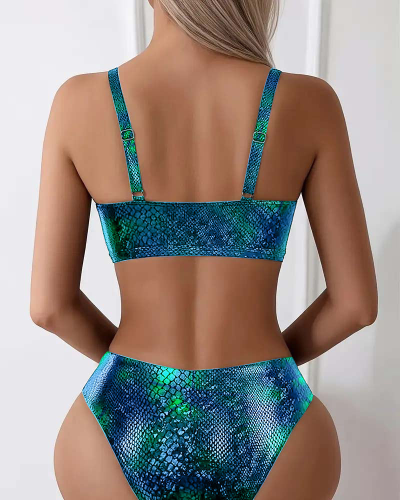 Bikini z nadrukiem węża i wiązaniem na klatce piersiowej, wysokim stanem i trójkątem